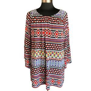 Ali Miles Lagenlook Boho Bold Print Top Size Large Artsy Peasan Multicolor Atzec